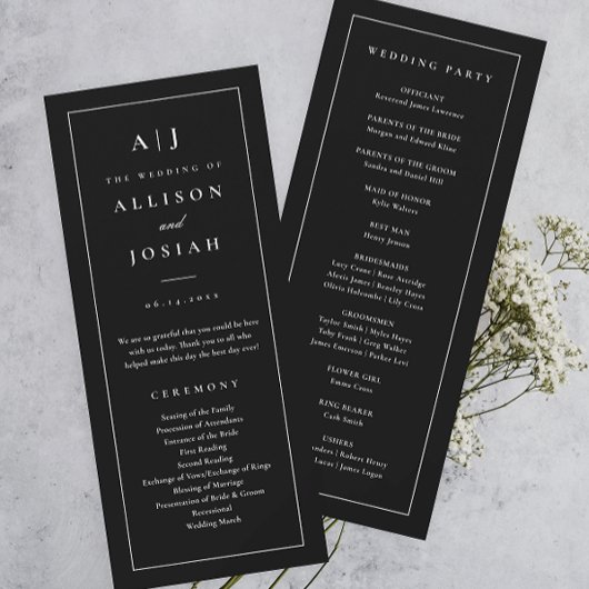 Elegant Monogram Zwart en Wit Trouwprogramma Kaart