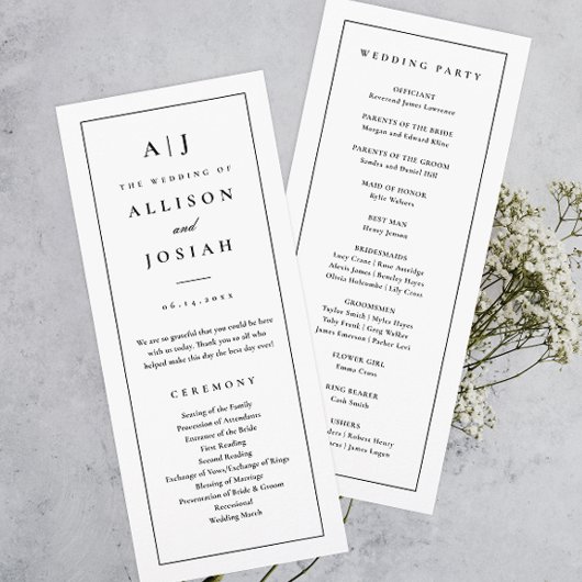 Elegant Monogram Zwart en Wit Trouwprogramma Kaart