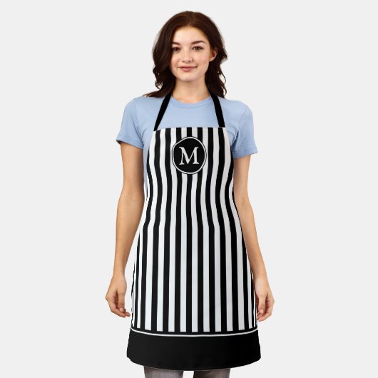 Elegant monogram zwart en witte streep schort (Gedragen)