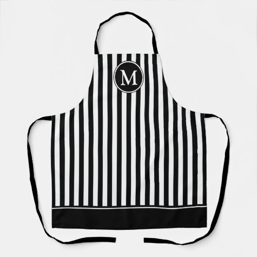 Elegant monogram zwart en witte streep schort (Voorkant)