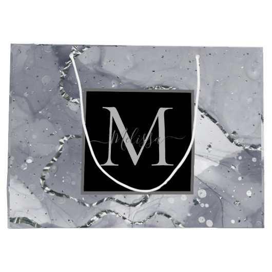 Elegant Monogram Zwart en Zilver Verjaardag Groot Cadeauzakje (Achterkant)