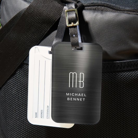 Elegant Monogram Zwart Geborsteld Metaal Bagagelabel