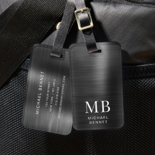 Elegant Monogram Zwart Geborsteld Metaal Bagagelabel