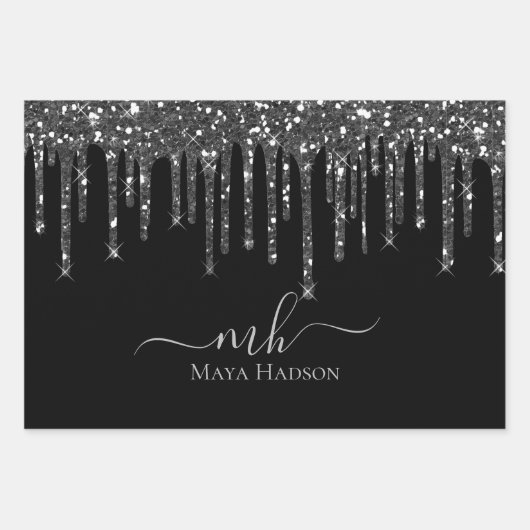 Elegant Monogram Zwart Glitter Drips Inpakpapier Vel (Voorkant 3)