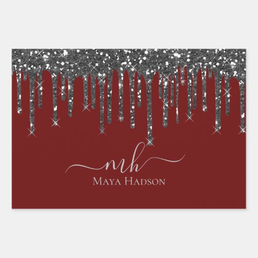 Elegant Monogram Zwart Glitter Drips Inpakpapier Vel (Voorkant 2)