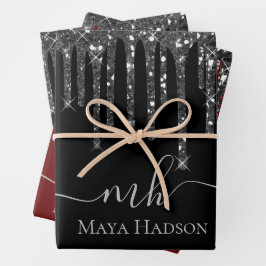 Elegant Monogram Zwart Glitter Drips Inpakpapier Vel