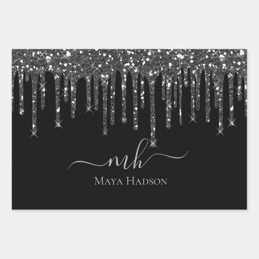 Elegant Monogram Zwart Glitter Drips Inpakpapier Vel (Voorkant)
