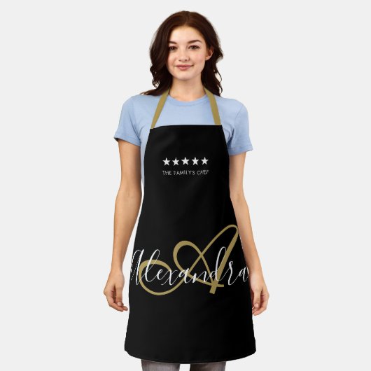 Elegant Monogram zwart Gold Script Beste Chef Name Schort (Gedragen)