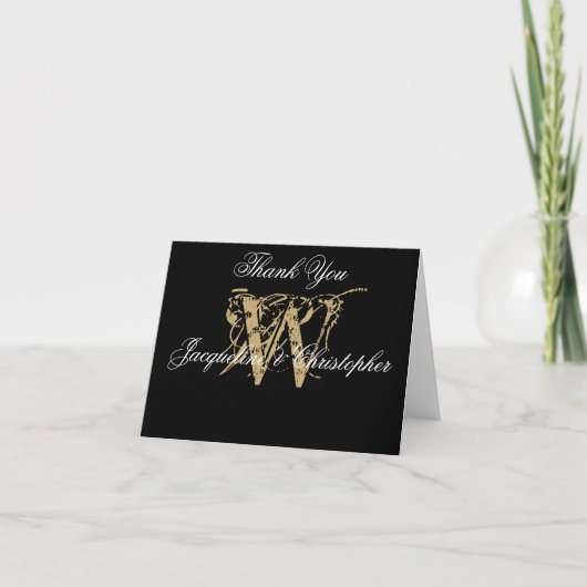 Elegant Monogram Zwart Goud Blank Huwelijk Gevouwe Bedankkaart (Voorkant)