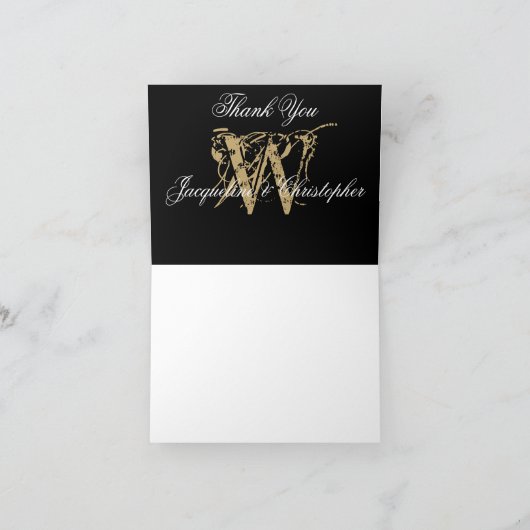 Elegant Monogram Zwart Goud Blanko Trouw Uitgevouw Bedankkaart (Binnen)
