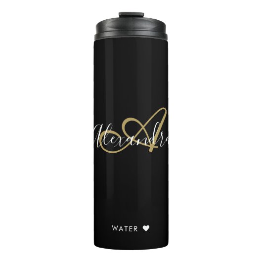 Elegant Monogram Zwart Goud Chic Script Naam Thermosbeker (Voorkant)