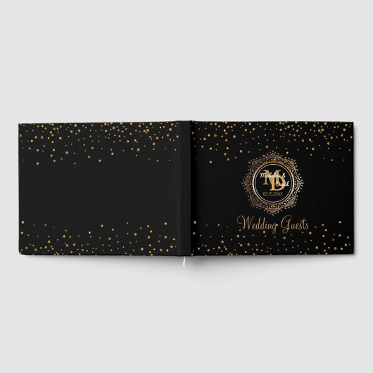 Elegant monogram | Zwart Goud Confetti bruiloft Gastenboek (Volledig)