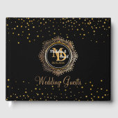 Elegant monogram | Zwart Goud Confetti bruiloft Gastenboek (Voorkant)