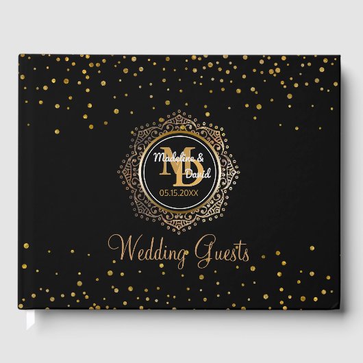 Elegant monogram | Zwart Goud Confetti bruiloft Gastenboek (Voorkant)
