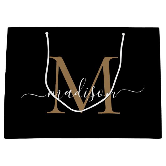 Elegant Monogram Zwart Goud Elegante Script Naam Groot Cadeauzakje (Voorkant)
