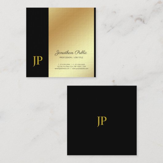Elegant Monogram Zwart Goud Gewoon Luxe Linnen Vierkante Visitekaartje (Voorkant / Achterkant)
