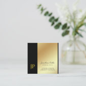 Elegant Monogram Zwart Goud Gewoon Luxe Linnen Vierkante Visitekaartje (Staand voorkant)
