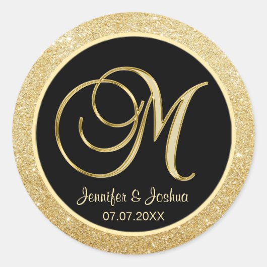 Elegant Monogram Zwart Goud Glitter Bruiloft Seals Ronde Sticker (Voorkant)