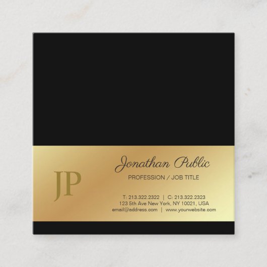 Elegant Monogram Zwart Goud Plain Luxe Zijde Vierkante Visitekaartje (Voorkant)