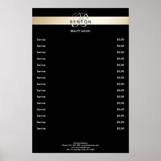 Elegant Monogram Zwart Goud Prijzenlijst Poster (Voorkant)