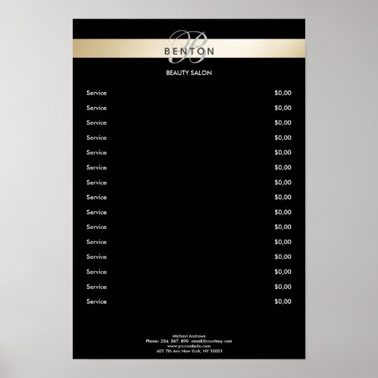Elegant Monogram Zwart Goud Prijzenlijst  Poster (Voorkant)