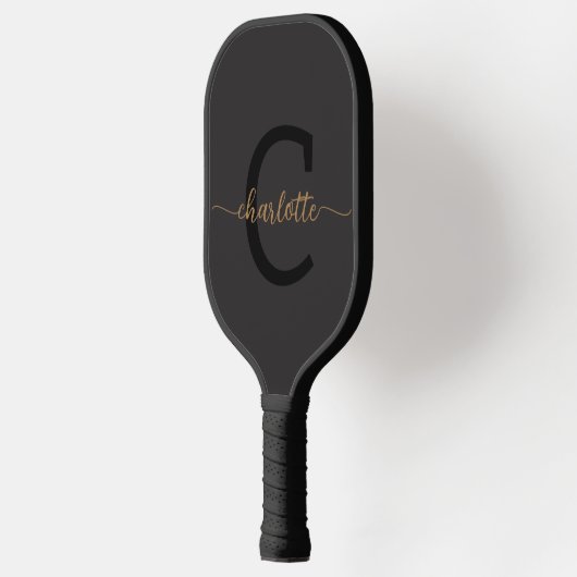 Elegant monogram zwart goud script naam pickleball paddle (Links)