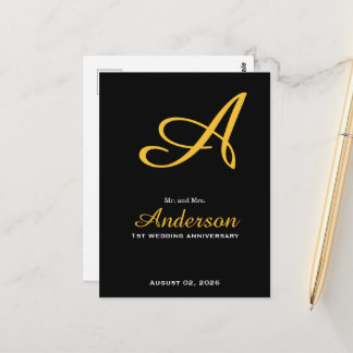 Elegant Monogram Zwart Goud Trouw Verjaardag Briefkaart