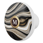 Elegant Monogram Zwart Goud Wit Agaat Keramische Knop (Rechts)