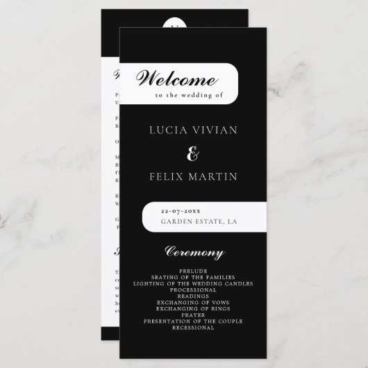 Elegant Monogram Zwart Huwelijksprogramma Menu (Voorkant / Achterkant)