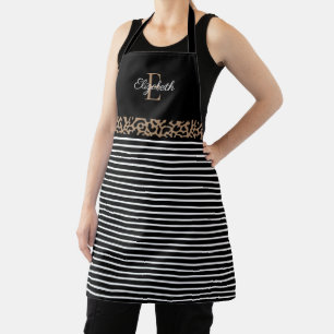Elegant Monogram zwart Leopard Animal Print Apron Schort