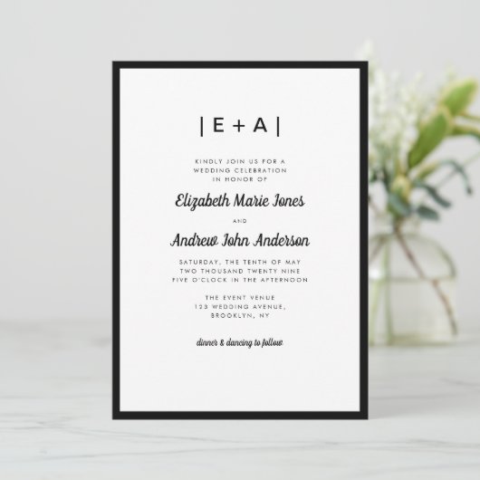 Elegant Monogram Zwart Modern Bold Wedding Kaart (Staand voorkant)