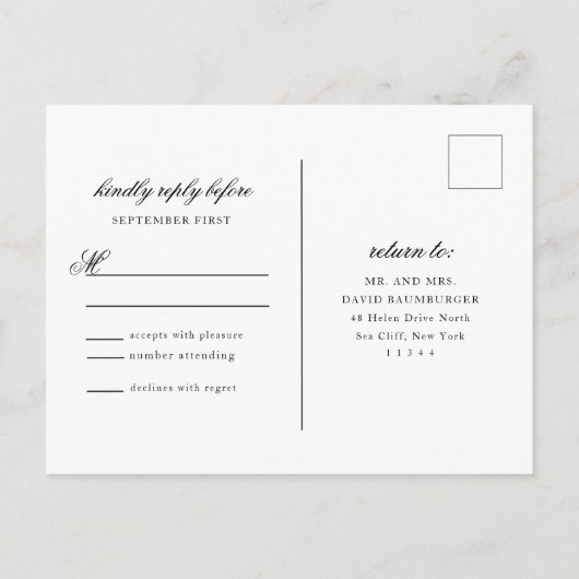 Elegant Monogram Zwart Script Bruiloft antwoord Uitnodiging Briefkaart (Achterkant)