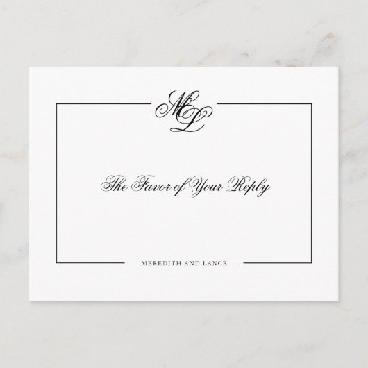 Elegant Monogram Zwart Script Bruiloft antwoord Uitnodiging Briefkaart (Voorkant)