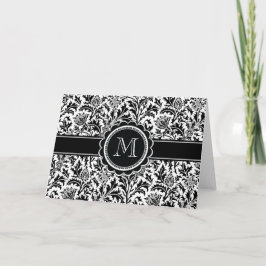 Elegant Monogram Zwart-Wit Bloempatroon Notitiekaartje