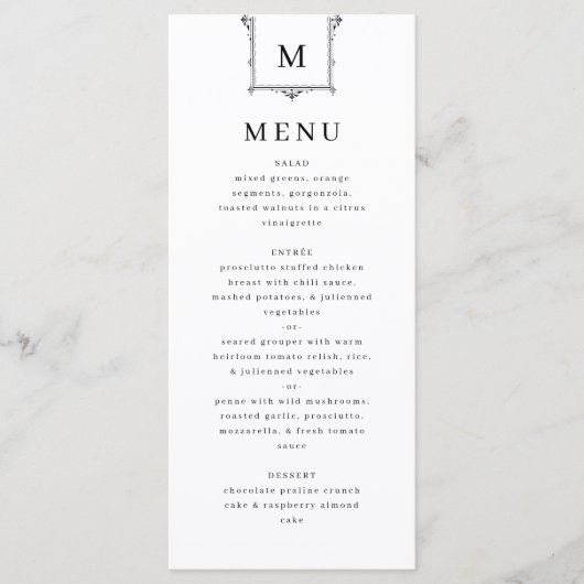 Elegant  Monogram Zwart-wit Bruiloft Menu (Voorkant)