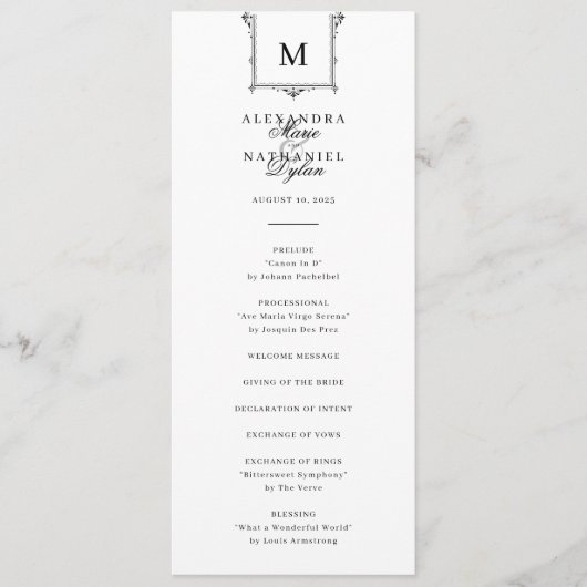 Elegant  Monogram Zwart-wit Bruiloft Programmakaart (Voorkant)