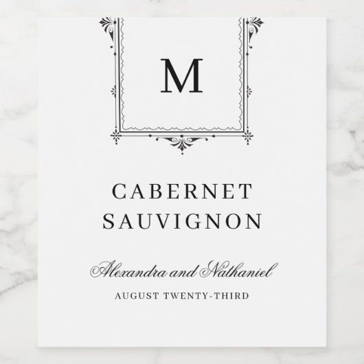 Elegant  Monogram Zwart-wit Bruiloft Wijn Etiket (Enkel label)