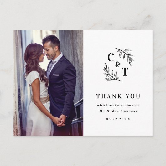 Elegant Monogram Zwart-wit Foto Dank u Briefkaart (Voorkant)