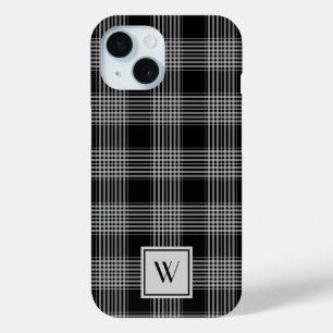 Elegant monogram zwart-wit geruite patroon iPhone 15 case