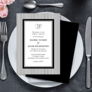Elegant Monogram Zwart & Wit Gestreepte Trouwfeest Kaart