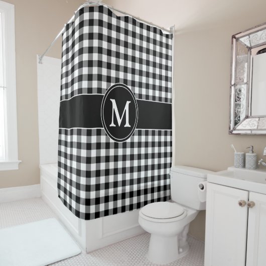 Elegant monogram zwart-wit gevinkt patroon douchegordijn (In situ)