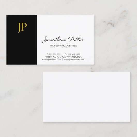 Elegant Monogram Zwart Wit Goud Modern Plain Visitekaartje (Voorkant / Achterkant)