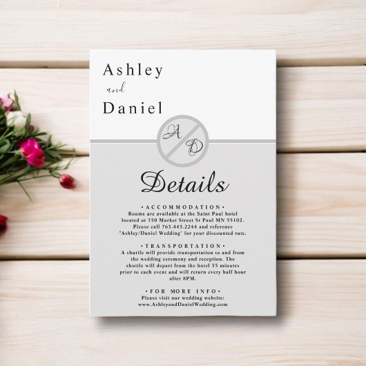 Elegant monogram zwart-wit grijs chique bruiloft informatiekaartje