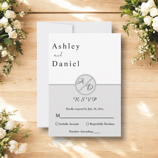 Elegant monogram zwart-wit grijs chique bruiloft RSVP kaartje