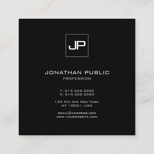 Elegant Monogram Zwart-wit Initiaal Sjabloon Vierkante Visitekaartje (Achterkant)