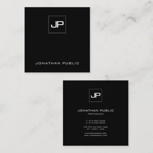 Elegant Monogram Zwart-wit Initiaal Sjabloon Vierkante Visitekaartje (Voorkant / Achterkant)