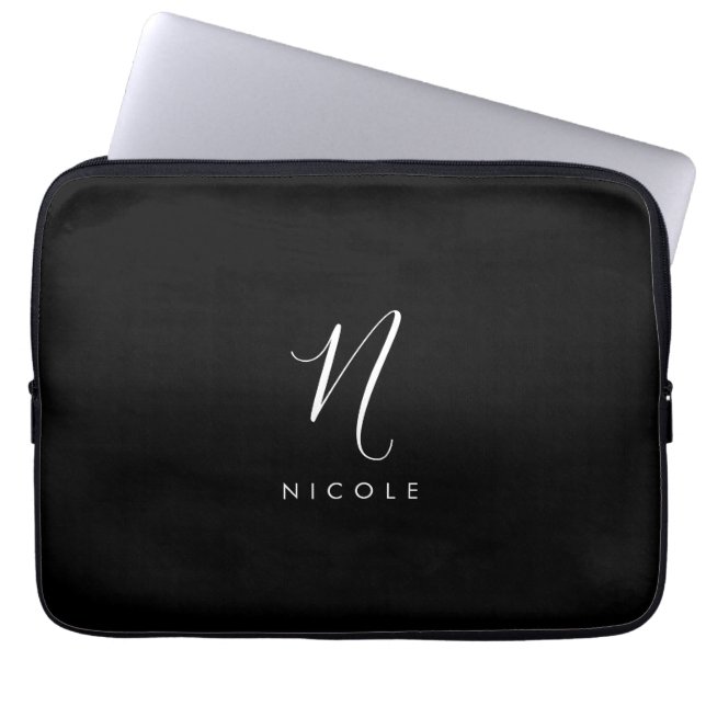 Elegant Monogram Zwart-wit Laptop Sleeve (Voorkant)