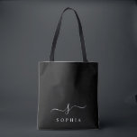 Elegant Monogram Zwart Wit Modern Minimalistisch  Tote Bag<br><div class="desc">Personaliseer deze stijlvolle boodschappentas met je naam initiaal monogram. Design heeft een eenvoudig aangepast monogramontwerp in klassieke witte moderne minimalistische typografie op een zwarte achtergrond. Eenvoudig aan te passen. Perfect als cadeau voor al je dierbaren. Pak er zelf ook een.</div>
