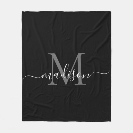 Elegant Monogram Zwart Wit Modern Script Naam Fleece Deken (Voorkant)