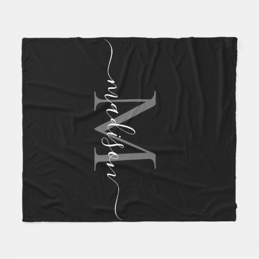 Elegant Monogram Zwart Wit Modern Script Naam Fleece Deken (Voorkant (Horizontaal))